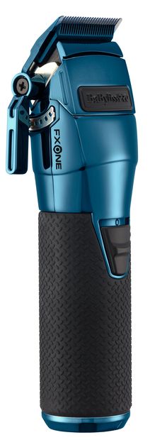 a blue and black hair dryer sitting on top of a white background with clippings