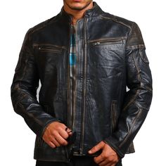 Black Distressed Biker Jacket Distressed Brown Biker Outerwear With Long Sleeves, Distressed Brown Outerwear For Biker Events In Fall, Classic Distressed Outerwear For Fall, Vintage Distressed Brown Leather Jacket, Fitted Rugged Distressed Brown Outerwear, Distressed Brown Fitted Rugged Outerwear, Distressed Brown Long Sleeve Outerwear For Biker Events, Classic Distressed Long Sleeve Outerwear, Vintage Fitted Distressed Brown Biker Jacket