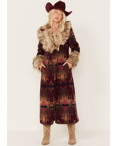 Tasha Polizzi Women's Southwestern Print Faux Fur Adirondack Blanket Coat, Purple Western Sweater, Western Sweaters, Tasha Polizzi, 70s Inspired Fashion, Kyle Richards, Southwestern Print, Blanket Coat, Southwestern Patterns, Sweater Duster