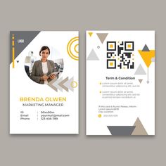 a business card with an image of a woman on the front and back, in yellow