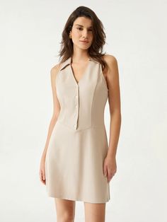 Ogl V-Neck A-Line Mini Dress – OGLmove Classic V-neck Summer Dress, Solid Color V-neck Midi Dress For Work, Beige Sleeveless V-neck Dress, Fitted Beige A-line V-neck Dress, Beige Fitted A-line V-neck Dress, Beige V-neck Dress For Work, Flattering V-neck Formal Dresses, Spring Sleeveless V-neck Dress, V-neck Mini Dress For Work