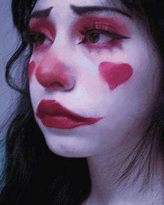 Sad red clown aesthetic Lovecore Clown Makeup, Clown Makeup Scary Easy, Red Clown Makeup Halloween, Clown Costume Simple, Clowncore Makeup Simple, Red Clown Aesthetic, Halloween Clown Makeup Aesthetic, Clowns Kissing, Facepainting Ideas Aesthetic