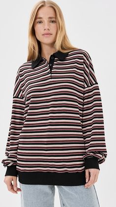 Lioness Rugby Jersey Top | Shopbop Knit Long Sleeve Tops With Striped Hem, Knit Long Sleeve Top With Striped Collar, Oversized Ribbed Striped Tops, Oversized Top With Striped Hem, Knit Tops With Striped Collar For Fall, Black Collared Tops With Striped Cuffs, Black Collared Top With Striped Cuffs, Fall Striped Hem Top For Loungewear, Oversized Tops With Striped Collar For Fall