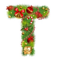 the letter t is decorated with christmas decorations