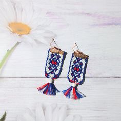 Ethno voguish earrings for her, Boho style woven bijouterie for sister, Gender neutral folk jewelry, Amazing braided gift from father Intricately braided folk or ethno style earrings with triple colord little tassels in the end. An absolutely original gift for both women and men! In three basic colors that go with everything - red, white and navy blue. The earrings are so beautiful that they fits with any outfit - elegant or everyday dress, sweater, plain tshirt and even a beach outfit.  ❤❤All w Artisan Braided Jewelry Gift, Artisan Braided Jewelry For Gifts, Traditional Macrame Earrings, Adjustable Woven Jewelry, White Braided Jewelry Gift, White Braided Jewelry As A Gift, White Woven Beach Jewelry, Handwoven Dangle Jewelry, Adjustable Multicolor Woven Beaded Earrings