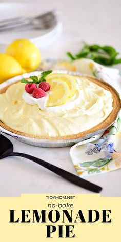 lemonade pie with whipped cream and raspberries on top