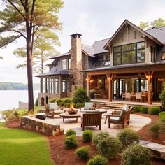 Lake Houses Exterior Modern, Houses With Beautiful Views, Dream Lake House Cottage, Lake House Black Windows, Lake House Modern Architecture, Modern Cottage Lake House, Lake House Cottage Exterior, Lake House Luxury, Lake House Back Porch