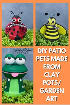 four pictures of different types of garden art with text overlay that reads diy patio pets made from clay pots / garden art