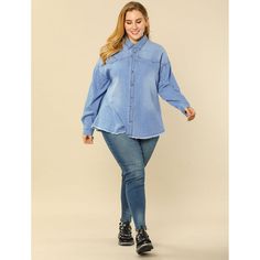 The Women's Plus Size Shirts Button Down Shirt is a versatile and stylish addition to any wardrobe. With its button closure and long sleeves, it can be worn as both a button-down shirt and a denim jacket, making it perfect for various occasions. The versatility of this shirt jacket combination allows for multiple styling options, making it a practical addition to any wardrobe. This button-down shirt/denim jacket is suitable for various occasions, including parties, opening receptions, and casual Cheap Denim Blue Button-up Outerwear, Cheap Button-up Denim Top With Buttoned Pockets, Plus Size Denim Button Down, Cheap Denim Blue Button-up Blouse, Jacket Making, Long Sleeve Denim Shirt, Denim Shirts, Plus Size Shirts, Denim Shirt