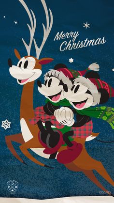 the mickey mouse christmas card has been designed to look like it is riding on a reindeer