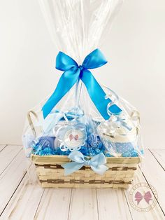 a basket filled with blue and white items