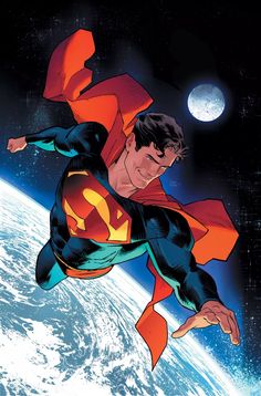 superman flying over the earth with his cape open in front of him and moon behind him