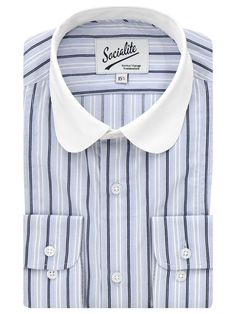 Our new Socialite premium cotton Byram collar shirts stand out with their rounded contrasting collar. This style of collar, also known as a club collar or penny round collar, is reminiscent of those seen in the famous Peaky Blinders series and can also suit a 1960s look. Not only would this versatile shirt be period accurate for Nostalgia functions it would take you effortlessly through a working day.  This colourway is a pale blue shade with a navy and white track stripe exclusive to Revival So Classic Long Sleeve Shirt With Contrast Collar, Classic Fitted Shirt With Contrast Collar, Fitted Shirt With Contrast Collar, Classic Shirt With Button Closure, Fitted Dress Shirt With Striped Spread Collar, Classic Fitted Top With Detachable Collar, Classic Shirt With Striped Cuffs And Spread Collar, Fitted Cotton Shirt With Contrast Collar, Classic Tops With Striped Fold Down Collar