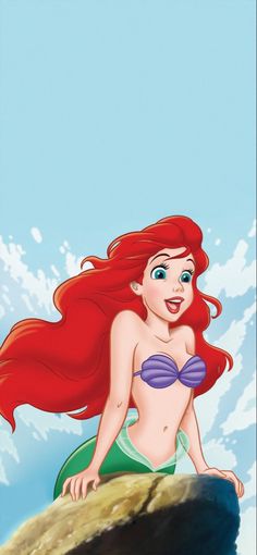 ariel from the little mermaid movie sitting on top of a rock with her hair blowing in the wind