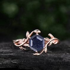 "This is a blue sandstone engagement ring in solid gold,about 6x6mm Hexagon. It can be made in any ring size. However please contact me to custom make it to a special big or small size. It can be made in white gold,rose gold or yellow gold with 14k or 18k. However for some people who are nickel allergic,I can also make it to 925 sterling silver to make you can wear it. The ring is handmade,very high quality! 30 days money back guarantee. The ring set: https://www.etsy.com/listing/979029620/pear- Size 8 Rings, Rose Gold Promise Rings, Unique Engagement Rings Flower, Women's Wedding Rings, Aesthetic Promise Rings Silver, Fantasy Style Engagement Ring, Magical Wedding Rings, Engagement Rings Fairytale, Hexagon Engagement Rings