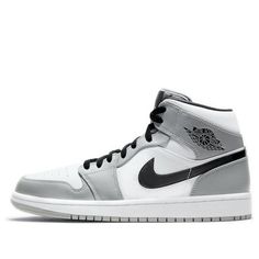 Air Jordan 1 Mid 'Smoke Grey' Light Smoke Grey/Black/White 554724-092 Basketball Shoes For Men, Retro Basketball Shoes, Jordan Sneaker, Dr Shoes, Jordan Retro 1, Nike Air Jordan 1, Air Jordan Shoes, Nike Swoosh, Air Jordan 1 Mid