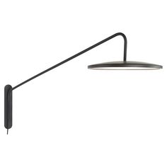 a black wall light with an arm and two lights on each side, one is turned on