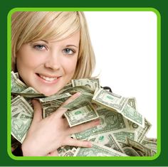 a woman holding money in her arms and smiling at the camera with green frame around her