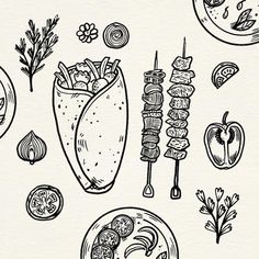 an image of food items drawn in black and white