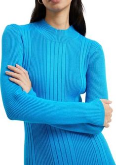 Designed with all-over ribbing, this fitted bodycon mock neck dress from French Connection flatters all of the right places. | French Connection Women's Long Sleeve Ribbed Bodycon Dress, Blue, Small Ribbed Bodycon Dress, Mock Neck Dress, Mini Dress Fashion, Knitted Dress, Roll Neck, French Connection, Dress Fabric, Soft Knits, Stripes Pattern