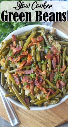 green beans with bacon and parsley in a white bowl