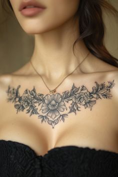 Ornate floral tattoo across a woman's chest with a necklace above it. Chest Tattoo Ideas For Women, Chest Tattoos Women, Chest Tattoo Design, Chest Neck Tattoo, Fierce Tattoo, Dainty Designs, Catholic Tattoos, Chest Tattoo Ideas, Chest Tattoos