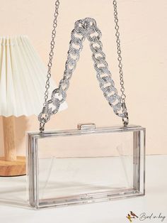 BirdinBag - Party-Ready Clear Chain Mini Box Bag with Decorative Accents Silver Rectangular Evening Bag With Chain Strap, Rectangular Chain Shoulder Bag For Parties, Silver Clutch With Chain For Gifting, Square Box Bag With Chain For Evening, Square Party Shoulder Bag With Chain Strap, Square Shoulder Bag With Chain Strap For Party, Square Evening Box Bag With Chain, Square Chain Box Bag For Evening, Rectangular Box Bag With Chain