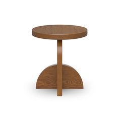 a small wooden table with two legs and a round top on an isolated white background