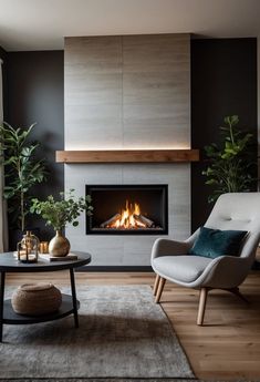 a living room with a fireplace and two chairs in front of the fire place that is lit