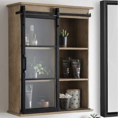 a wooden shelf with glass doors and shelves on the wall next to potted plants