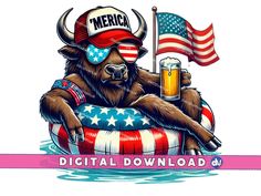 a bull is sitting on an inflatable raft with a beer and american flag