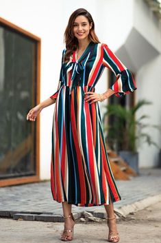 V Neck Red Striped Summer Maxi Dress - Silhouette: A-Line - Pattern Type: Striped - Season: Summer - Sleeve Length(cm): Three Quarter - Sleeve Style: Flare Sleeve - Neckline: V-Neck - Waistline: Natural - Material: Soft Polyester Cotton Mix - Dresses Length: Mid-Calf - Model Number: maxi dress - Decoration: None - Style: Casual Women Bodycon Dress, Long Sleeve Casual Dress, Different Dresses, Summer Maxi, Dress Silhouette, Colourful Outfits, Stylish Fashion, Summer Maxi Dress, Womens Maxi Dresses