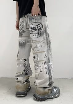 Grey Graffiti Baggy Pants | Jungkook - BTS Grey S Graffiti Pants, Grey Graffiti, Bleaching Clothes, Shopping List Clothes, Denim Men, Fall Chic, Zipper Pants, Tie Dye Cotton, Men Pants