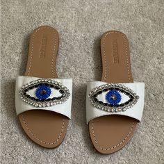 Brand New Evil Eye Rhinestone And Leather Sandals - Size 10 - Comes With A Dust Bag White Rhinestone Sandals For Vacation, Leather Sandals With Rhinestones For Beach, Rhinestone Sandals, Evil Eyes, Evil Eye, Women's Shoes Sandals, Leather Sandals, Shoes Sandals, Dust Bag