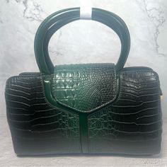 Pu Leather Sturdy Satchel, 3 Compartments, And Additional Crossbody Strap, Length 12in, Width 4.5in, Height 7in. Elegant Green Crocodile Pattern Shoulder Bag, Green Crocodile Pattern Bag For Formal Occasions, Green Crocodile Pattern Formal Bag, Formal Green Crocodile Pattern Bag, Crocodile Pattern, Handle Bag, Top Pattern, Crossbody Strap, Black Green