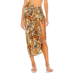 Brown Print Chiffon Beach Wrap Skirt Tropical Beach Skirt With Tropical Print, Tropical Print Beach Skirt, Tropical Flowy Beach Skirt, Beach Season Skirt With Split, Beach Season Split Skirt For Beach, Summer Skirt With Tropical Print For Vacation, Beach Season Split Skirt For The Beach, Tropical Beach Skirt For Vacation, Tropical Skirt For Beach Season Vacation