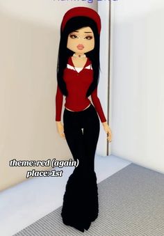 an animated woman in a red shirt and black pants standing next to a white wall