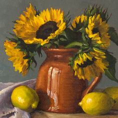 a painting of sunflowers and lemons in a brown vase on a table