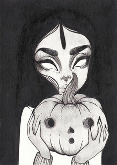 a black and white drawing of a woman holding a pumpkin with her face painted on it