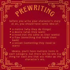 a red background with gold writing on the bottom and an orange frame above it that says prewriteing