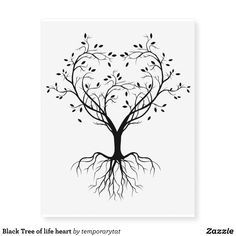 a black and white tree with roots in the shape of a heart on a white background