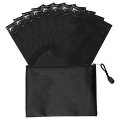 black plastic bags with zippers are shown in front of a white background and the bag is open