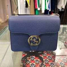 Designer: Gucci Series: Interlocking Gg Retail: $1,800 Style: Crossbody Bag Material: Leather Color: Blue Made: Italy Code: 510304 Size: W 8" X D 3" X H 6" Accessories: Dust Bag. Classic Blue Bag With Cc Turnlock Closure, Blue Leather Shoulder Bag With Cc Turnlock Closure, Gucci Crossbody Bag With Turn-lock Closure, Blue Rectangular Shoulder Bag With Cc Turnlock Closure, Blue Shoulder Bag With Cc Turnlock Closure, Chic Blue Bag With Cc Turnlock Closure, Designer Gucci Bags With Cc Turnlock Closure, Gucci Travel Bag With Turn-lock Closure, Gucci Bag With Turn-lock Closure For Travel