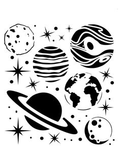 the planets and stars are drawn in black ink on white paper, with space symbols around them