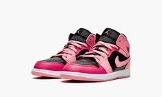 The Jordan 1 Mid PS “Coral Chalk” is the preschool version of the popular retro basketball shoe in a multicolor look that features various shades of pink on its design.  A fun colorway for children, the “Coral Chalk” has a base of black leather on the perforated toe and mid-panel.  The forefoot, collar, heel, and Swoosh are designed in Coral Chalk-colored leather and contrast the neutral appearance of the shoe’s base.  Rose Pink leather is found on the toe cap and middle eyelet panel, and on the Kids Jordan, Retro Basketball Shoes, Retro Basketball, Nylons Heels, Wings Logo, Black Wings, Stadium Goods, Kids Jordans, Jordan 1 Mid