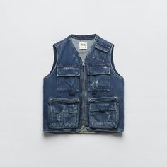 Never Worn. Denim Cargo Distressed Vest With Multi Pockets. Style With Cargo Jeans Or Baggy Jeans For An Effortless, But Chic Look Style With Cargo, Zara Puffer, Sleeveless Vest Jacket, Cargo Vest, Faux Fur Vest Black, Pink Vest, Striped Vests, Denim Cargo, Polyester Jacket