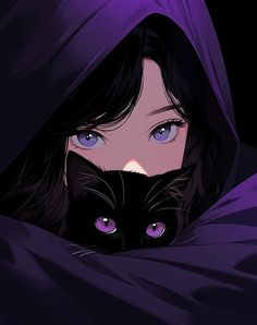 a black cat peeking out from under a purple blanket