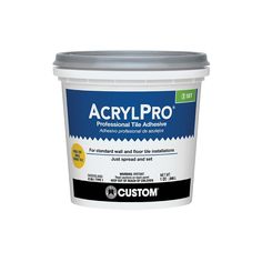 a bucket of acrylpro professional tile adhesivee on a white background with the words custom