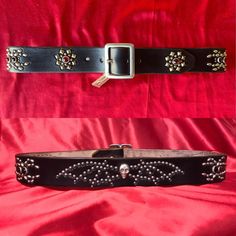 "1 3/4\" handmade studded, jeweled belt. Hand dyed a vintage black.  antiqued nickel plated brass studs and buckle.    Custom made to your measurements! Made in California, U.S.A." Adjustable Festival Belts With Rivets, Antique Black Belt Buckles For Festivals, 50s Cowboy, Rockabilly Motorcycle, Cool Belts, Goth Belt, Jeweled Belts, Custom Belt Buckles, Belt Display