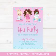 "Spa Birthday Party Invitation  This adorable invitation measures 5x7 inches and includes 8 options! All text is editable. After you have completed your purchase at checkout a link will be sent to your email from JetTemplate. Please make sure that your email registered with Etsy is correct. You will have 60 days to edit and download the invitation. To download multiple per page click download > PDF > Save paper >Download  TRY IT BEFORE YOU BUY  Copy and paste the link below to try out the invita Spa Birthday Party Invitations, Spa Party Invitations, Spa Day Party, Spa Birthday Party, Spa Birthday Parties, Spa Birthday, Pamper Party, Spa Party, 12th Birthday